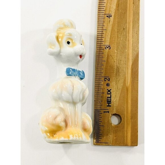Vintage MCM Standard French Poodle Dog Figurine 3.75” Ceramic White Blue Bow - Picture 2 of 5